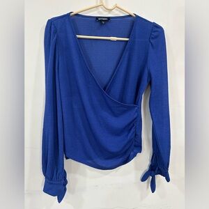 Express Royal Blue Faux-Wrap Long Sleeve Blouse